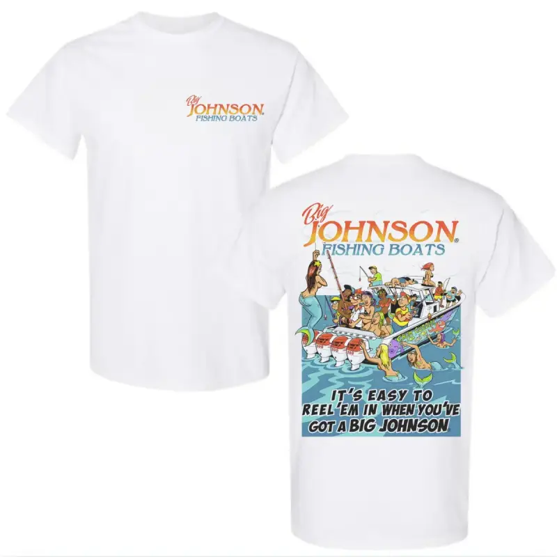 Big Johnson Fishing Boats Graphic T-Shirt – Vintage Funny Fishing Tee, Fisherman Humor Shirt, Retro Boat Cartoon Tee, Back Print Graphic Shirt, Fishing Gift for Him