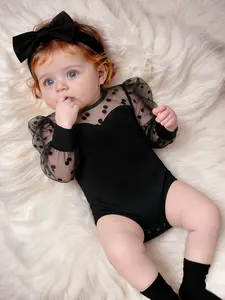 Girls' Spring Bodysuit, Retro Polka Dot Sweetheart Style, Long Sleeve Netting Bodysuit for Baby Girls, Polka Dot Netting Bubble Sleeves + Semi-Transparent Netting Round Neck, Perfect Birthday Gift for Baby Girls, Suitable for Daily Home Wear and Travel