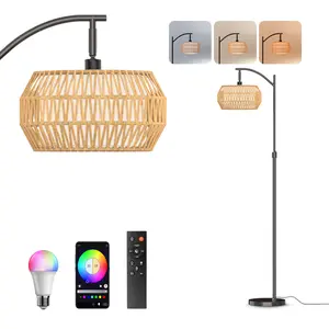 DEMILARE Bohemian Y/Fishing  Floor Lamp, Rattan LED Sofa Lamps, Tri-Color Temperature Adjustable High Lamp with Foot Switch and Remote Control Arc Floor Lamp for Living Room,  Office Dimmable RGB Bulb Included, Stock Up,Mother's Day Rgb Multicolored Light