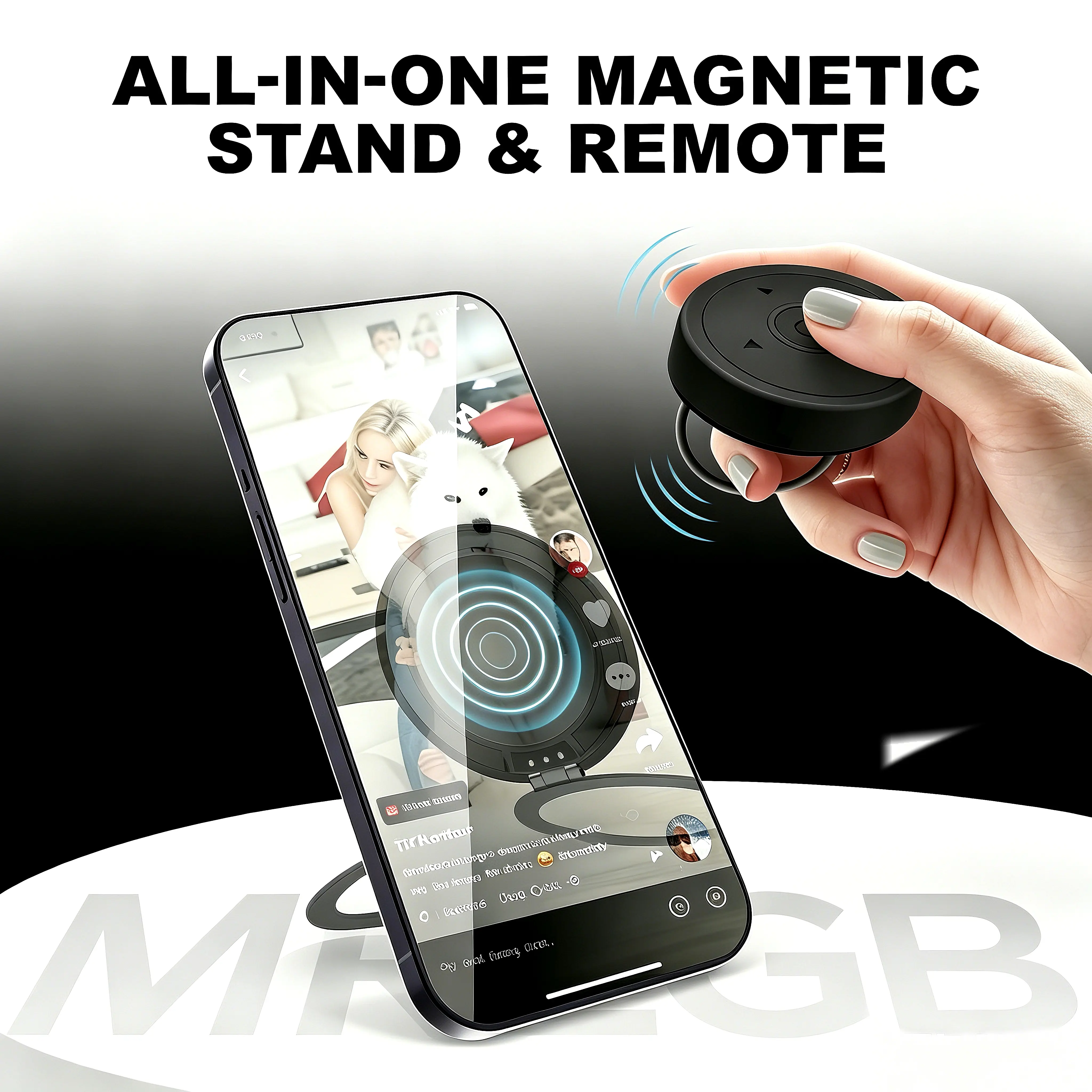 MREGB Portable Folding Magnetic Cellphone Stand & Bluetooth Remote Control Ring - All-in-1 TikTok Scrolling Tool & Photo Shutter, 180° Adjustable MagSafe Accessory for Selfies, Phone Holders & Mounts