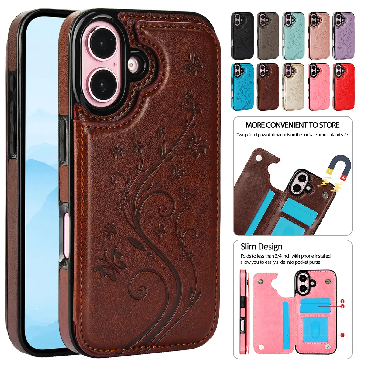 Butterfly Floral Pattern PU Leather Smartphone Wallet Case for iPhone 17/16/Pro Max/15/14/13/12 - 3 Card Slots, Magnetic Clasp, RFID Blocking, Kickstand Holder, Durable TPU Bumper, Device Protection