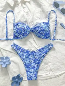 Women's Sexy Backless Bikini Set, Fitted Style Swimwear, Flower Print Bikini, All-Seasons Wear, Ideal for Casual Beach