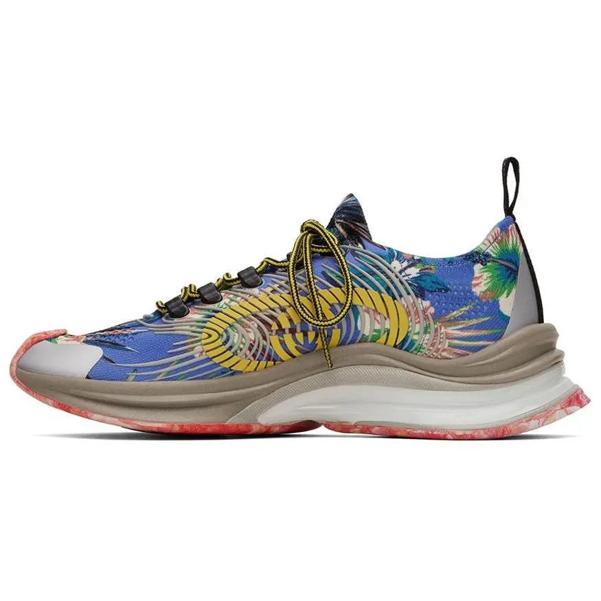 Gucci Men's Low-Top Casual Sneakers - RUN Fabric, Multi-Flower Print, Plain Knit, Blue & Yellow, Durable, Rubber Sole Shoes, Logo Detail