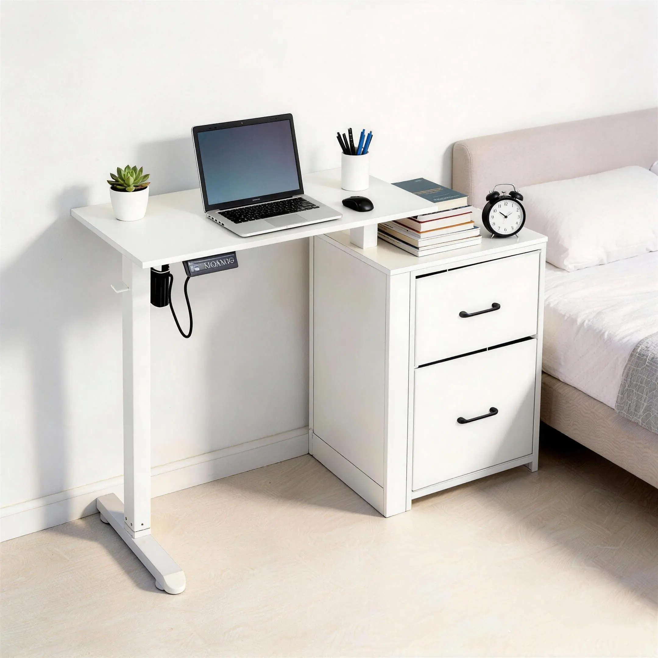 Electric Height Adjustable Standing Desk, Ergonomic Sit Stand Computer Desk with Dual Storage Drawers and Hook, Space Saving Home Office Desk for Small Spaces file Modern White executive farmhouse large