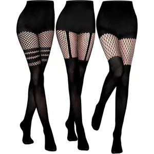 3 Pairs Faux Thigh High Fishnet Stockings, Black Opaque Tights Women Fishnet Tights Casual Coats Fit Fashion Feminine Elastic GIFT2