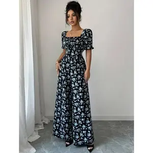 Women's Elegant Waist-Cinched Floral Print Romper with Puff Sleeves – Holiday Outfit