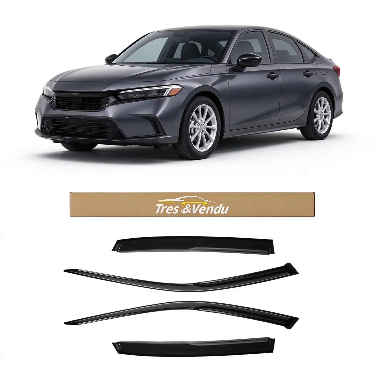 Tresvendu-For Honda Civic 4 Door Sedan 2022-2025，4X Out-Channel Window Visors,with Water Channels，Tape-on,Smoke# Rain guard# Rainproof#Sun Shade#UV Protection# Easy-Install # Vent Shades# Car Windshield# Car Weather Shields# Wind Deflector