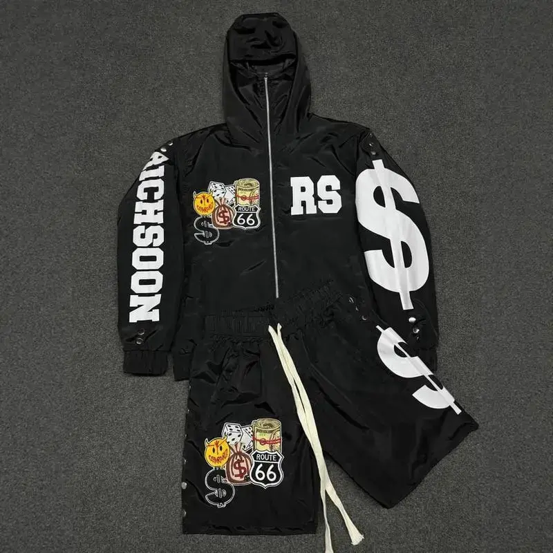 Unisex Retro Zipper Loose Versatile Street Fashion Hooded Two-Piece Set – Casual Essential with Retro Lettering