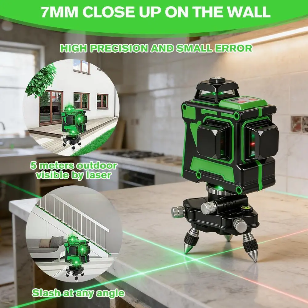 Green Laser Level 12 Line, Self Leveling ≤3° Auto Leveling, Waterproof Dustproof, 1/4'' Tripod Mount