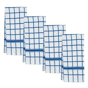 Beille 4pc 100% Cotton Classic Windowpane Dish Towels Set 26.5 x 16 inches Blue White Grid Pattern Everyday Practicality Machine Washable