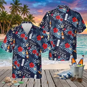 Michelob Ultra Hawaiian Shirt Blue Palm Tree Print Men Women Loose Fit Breathable Beach Vacation Summer Festival Casual Streetwear Button Down Aloha Fan Gift Tee 1