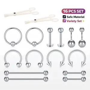 16PCS Piercing Kit - 14G & 16G Stainless Steel Set: Includes Belly Button, Lip, Septum, Industrial, Nipple & Tongue Rings - Body Jewelry
