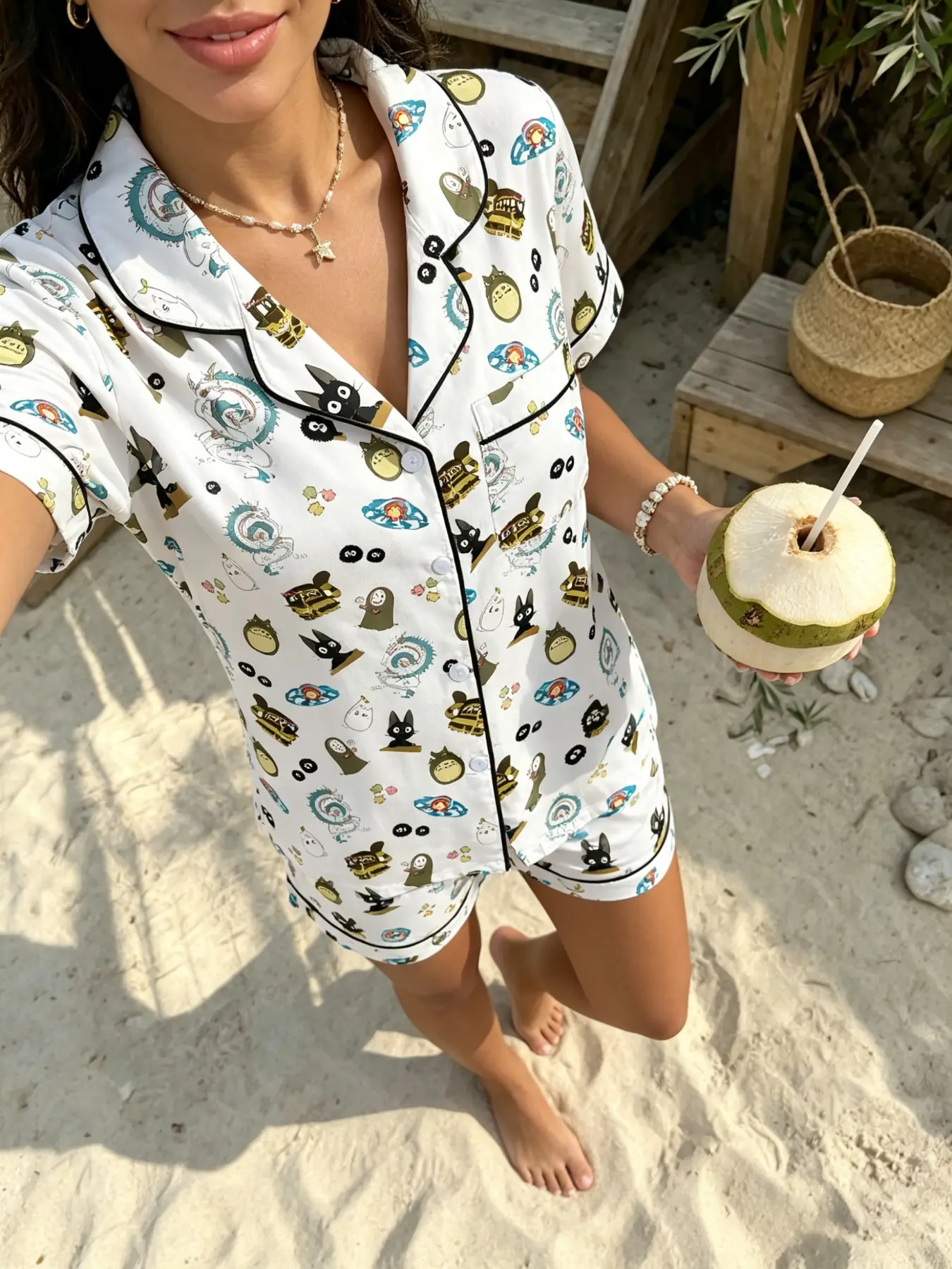 Japanese Anime Forest Fairy Print Matching Pajama Set Pjs, Women's Summer Lightweight Two-Piece Sleepwear Loungewear Homewear, Cute Cartoon Fitted
