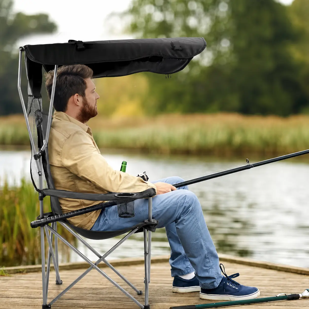 Folding Beach Chair with Adjustable Sunshade Canopy, Oversized 600D Polyester Unisex Portable Outdoor Seat for Camping & Sports, 2 Cup Holders, Lightweight Portable Chair, Outdoor Camping Chair