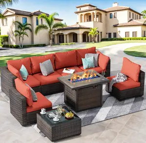 【4 packages shipping】Grezone Patio Furniture Set 8 Pieces with 44" Fire Pit Table,Outdoor Sectional Sofa PE Rattan Conversation Sets with Coffee Table for Garden Lawn Balcony