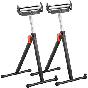 VEVOR 2-Pack Stands 250 lbs Load Capacity, 27-43 in Adjustable Height, Folding Heavy Duty with Polished Steel Roller Head & Edge Guides, for Table Saw Outfeed Woodworking Extension Support, Black
