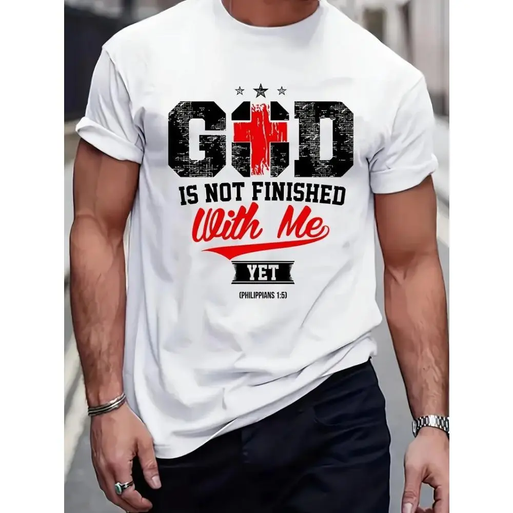 Men's Christian Religious T-Shirt - God Graphic T-Shirt with "I Am Not Finished" Bible Verse (Ephesians 1:5) and Red Cross Design - Heavyweight Cotton Shirt for Church