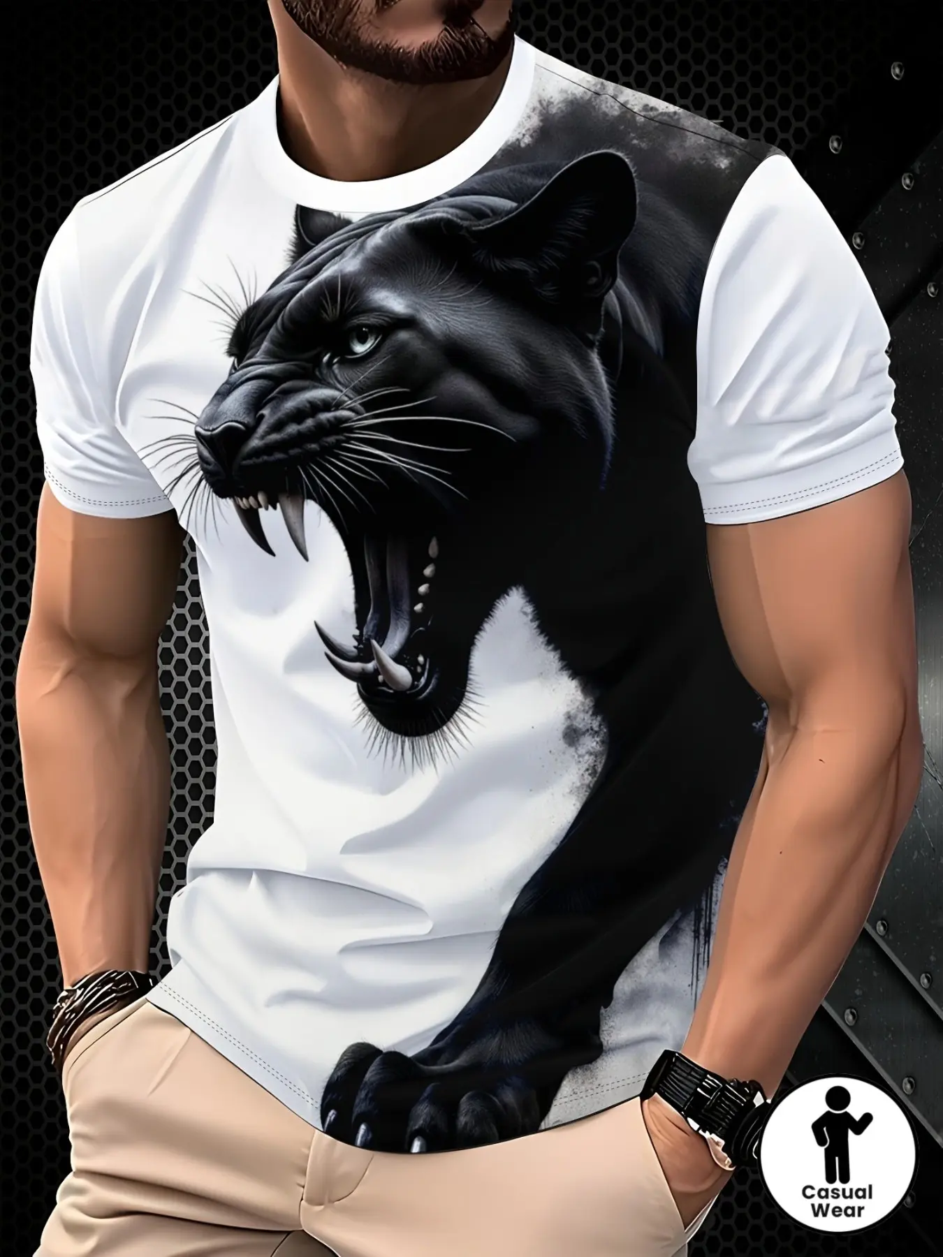 Men's 3D Black Panther Print Graphic Short Sleeve T-Shirt, Casual Trendy Top, Fashionable Unique Fitted Bottoms, All Seasons Wear, Menswear
