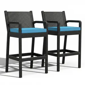 Gaomon 30 in Bar Height Outdoor Wicker Stools Set of 2 - UV-Resistant All-Weather Rattan Chairs with Thick Cushions, Curved Back, High Arms, Footrest, Quick Setup for Backyard, Pool