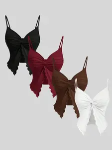 Summer Plain V-Neck Adjustable Straps Slim Fit Ruched Knot Wooden Trim Split Hem Halter Top Set, Sexy Style Four-Piece Set