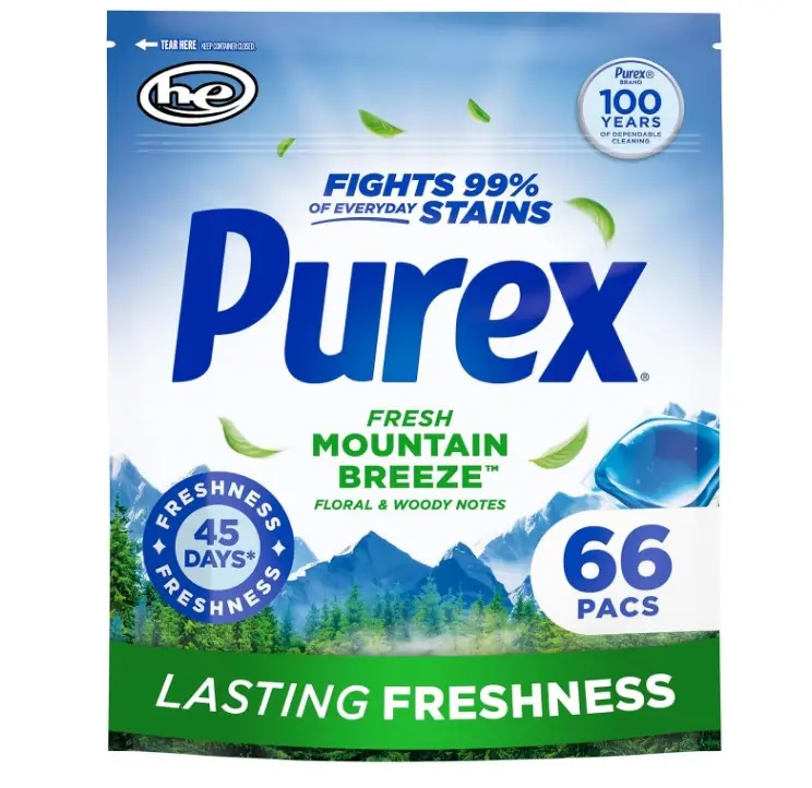Purex Fresh Mountain Breeze Laundry Detergent Pacs, 66 Count, Pre Measured Pacs