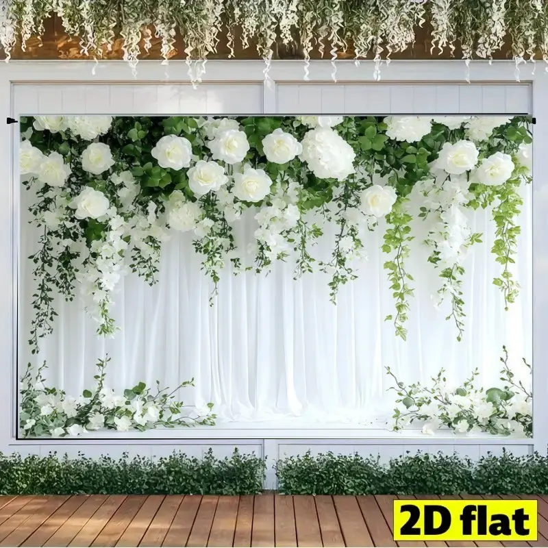 2D plane 1 piece white rose green leaf wedding background cloth, Wedding arched backdrop, polyester fiber material, soft gauze curtain design, suitable for wedding site decoration, engagement banquet, wedding photo shooting, Photoshoot Backdrop