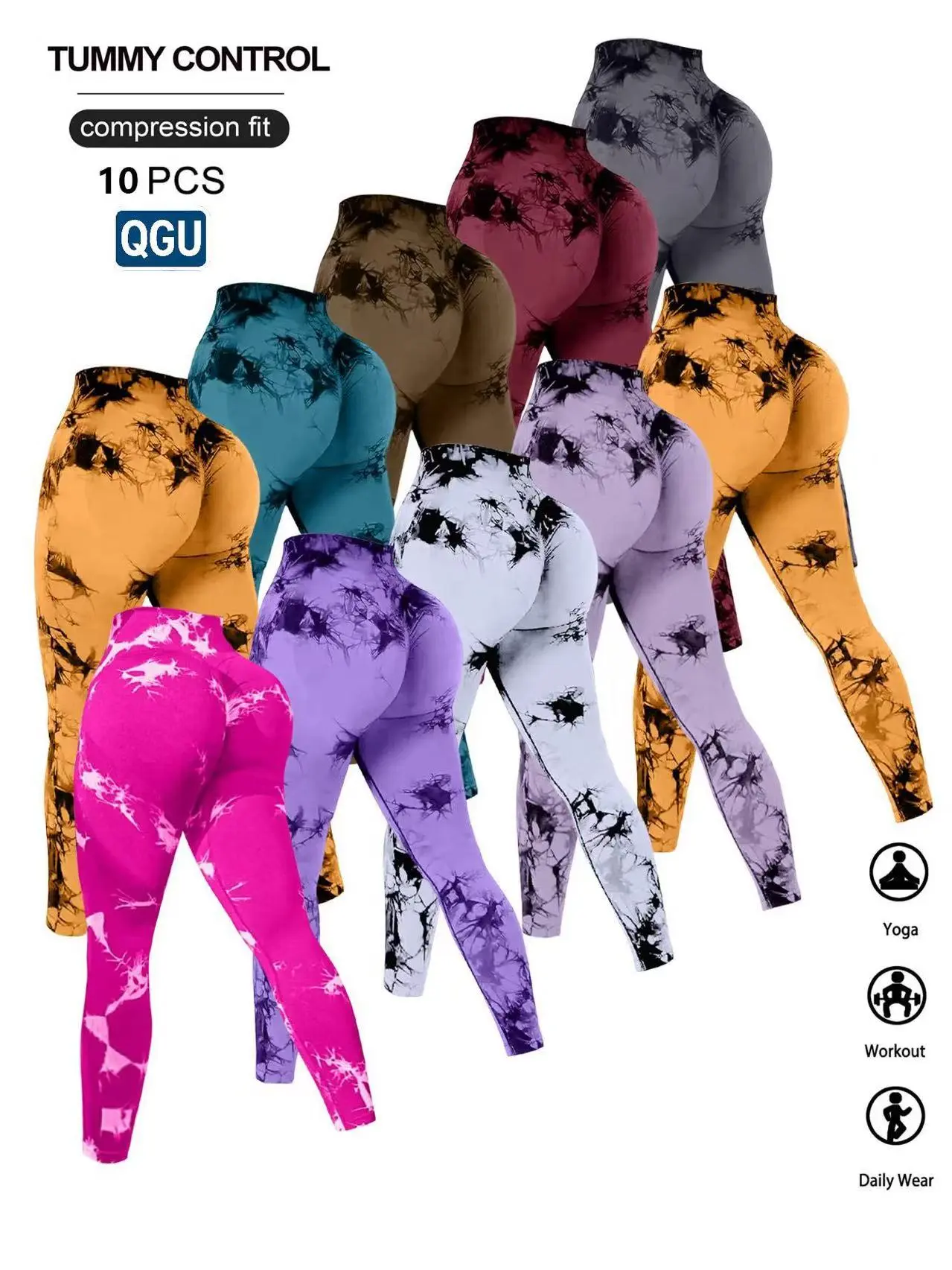 QGU Women's Assorted Tie Dye Leggings 10-Pack, High-Waist Stretchy Compression Pants with Tummy Control & Butt Lift, Sporty Chic Biking Activewear for Workout, Running, Travel (Workout Outfit Inspo)