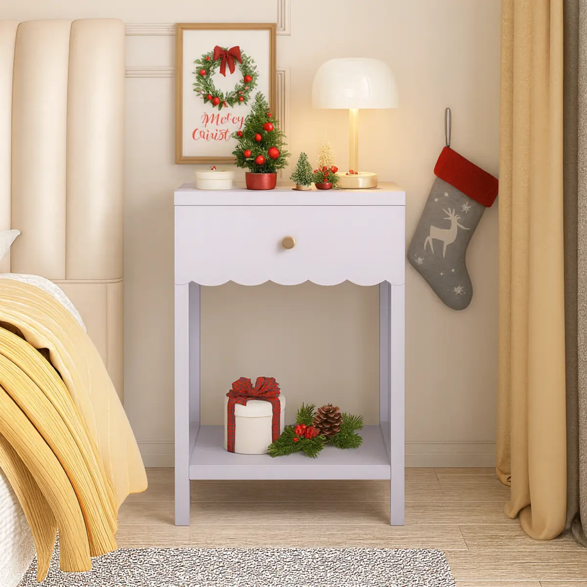 Minimalist Engineered Wood Nightstand - White/Purple Options, 1 Drawer, Open Base, Scalloped Edge, Easy Assembly, 16.93" D x14.96" W x26.77" H, Sturdy Sculpted Cube Self-Assembling Minimalist Bedside Table for Kids' Room, Minimalist Bedside Tables, Self-A