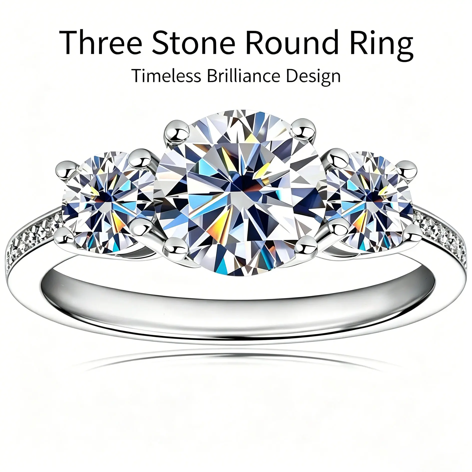 Women's 2CT Round Brilliant Moissanite 3-Stone Ring, S925 Silver Pave Accent Band, Timeless Luxury Engagement & Promise Purity Ring