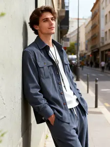 Men's Slate Blue Corduroy 2-Piece Loungewear Set - Long-Sleeve Button-Down Shirt with Chest Pockets + Drawstring Waist Pants, Soft Textured Fabric, Relaxed Warm Style, Perfect for At-Home Lounging, Casual Evenings & Light Errands