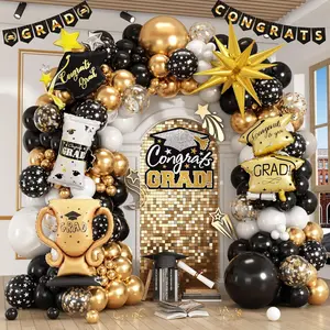 Graduation Balloon Arch Kit Black Gold White Grad Balloons with Explosion Star,Diploma,Trophy,Grad Hat Foil Balloon for Class of 2026 Graduates Celebration Decoration (Graduation Black)