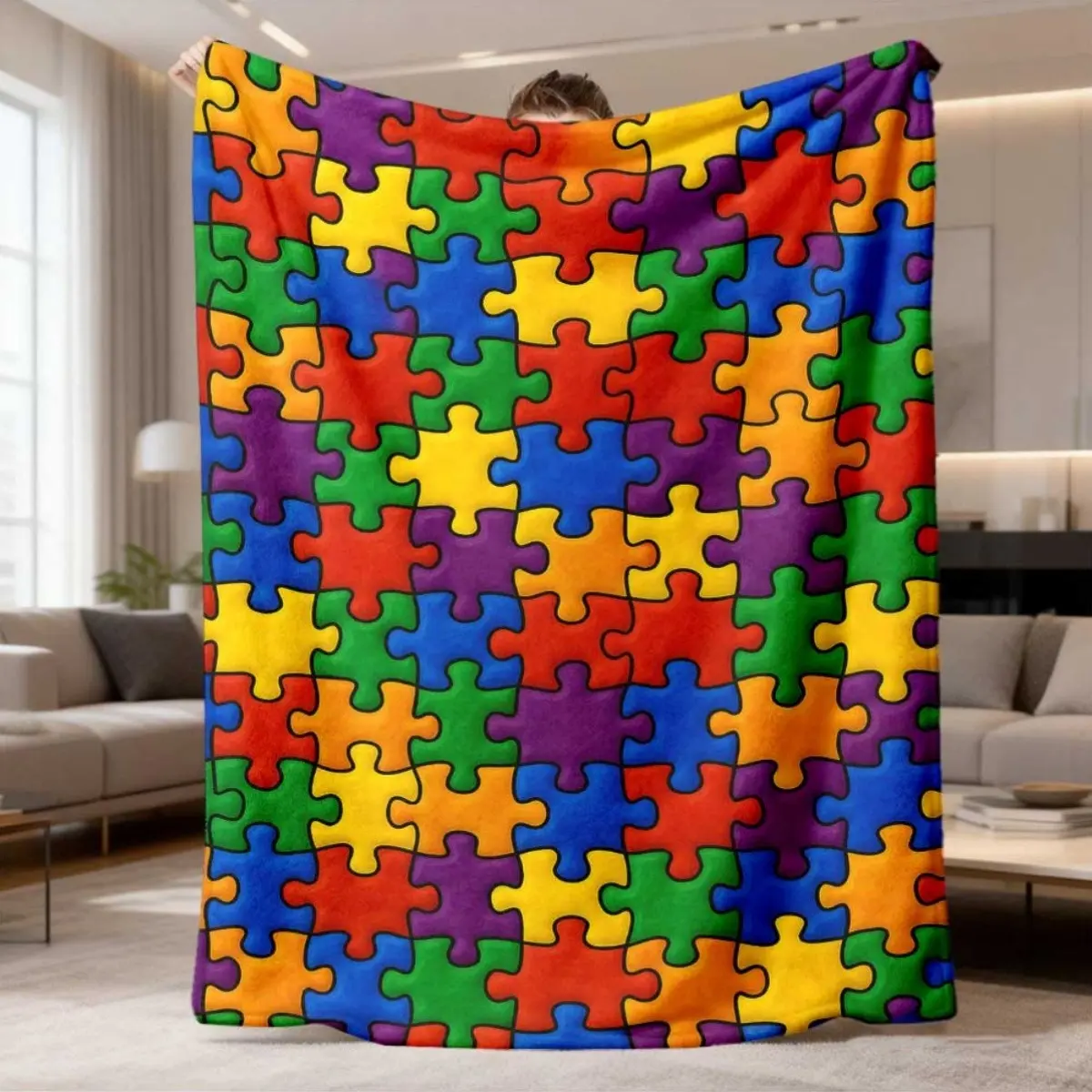 Rainbow Puzzle Pieces Print Flannel Throw Blanket - Soft, Warm, Smooth Texture, All Seasons, Multi-Size, Ideal Birthday Gift for Puzzle Lovers, Home Room Decor for Cozy Setup, Watch Party Snug as a Bug in a Rug