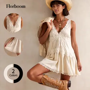 Florboom Womens Boho Lace Mini Slip Dress, V Neck Sleeveless, Tiered with Lace Trim, Flowy Babydoll A-Line Short Dress for Layering Western Vacation Beach Country Concert Date Night, Summervibes