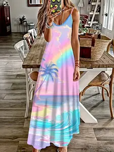 Women's Plus Size Rainbow Color Stripe V-Neck Sleeveless Strapless Dress, Elegant Casual Fashion Vacation Beach Style, Beautiful and Elegant Dress Recommendation