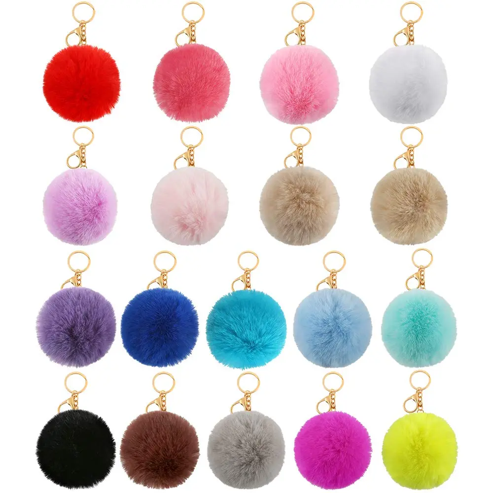 18 Pieces Fur Ball Keychains Set,Fluffy Faux Rabbit Fur Keyring for Girls Women Pendant Accessories,Christmas Party Gifts,DIY Hand Tools Kits