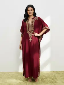 Women's Ethnic Pattern Embroidery Notched Neck Split Hem Kaftan Dress, Casual Batwing Sleeve Long Dress for Daily Wear, Ladies Clothes for All Seasons