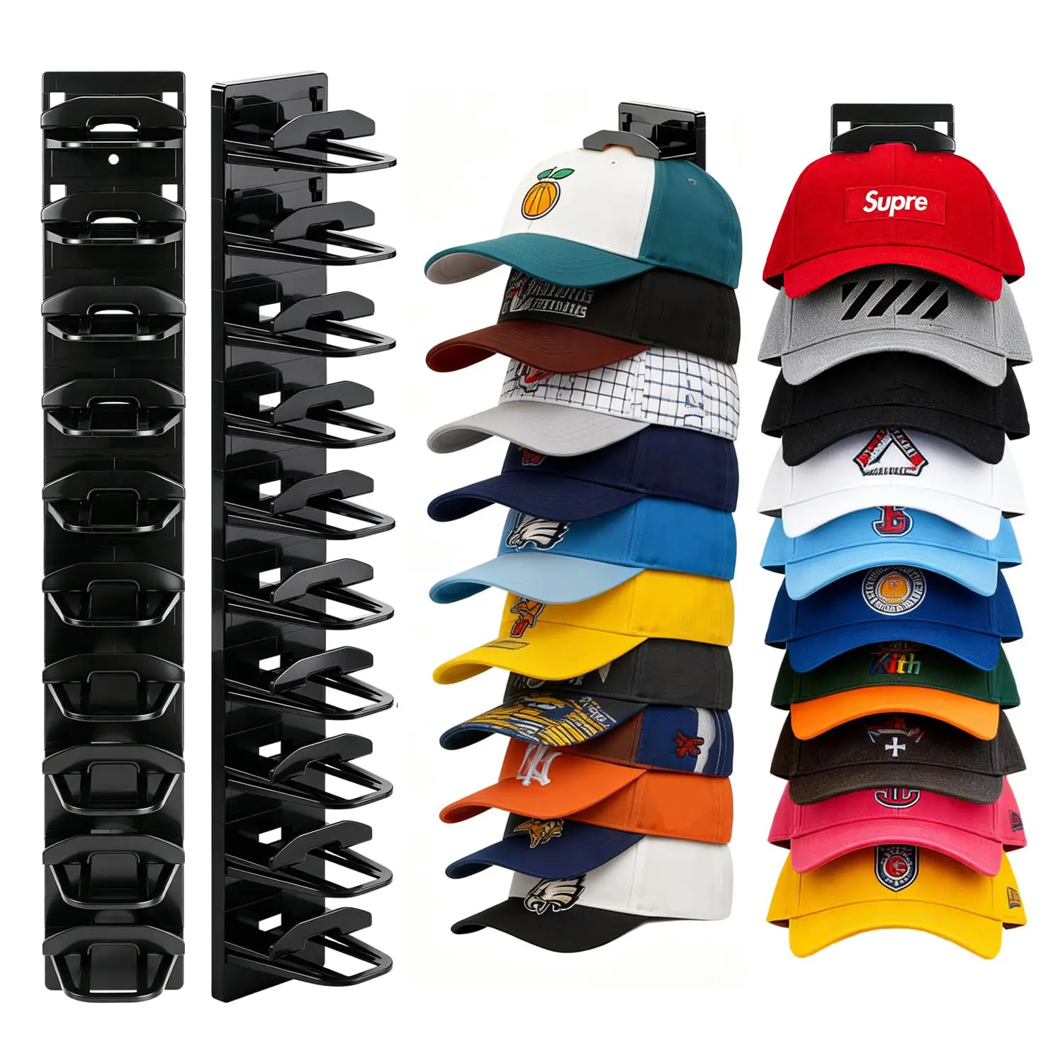 2 Pack Wall-Mounted Hat Hangers for Home Organizing - Durable ABS Plastic Storage Racks, Multi-Tier Locking Cap Racks & Displays, Strong Adhesive, 2 Mounting Options, Holds Up to 20 Hats for Door Closets, Strap Hanging, Hat Hangers For Wall