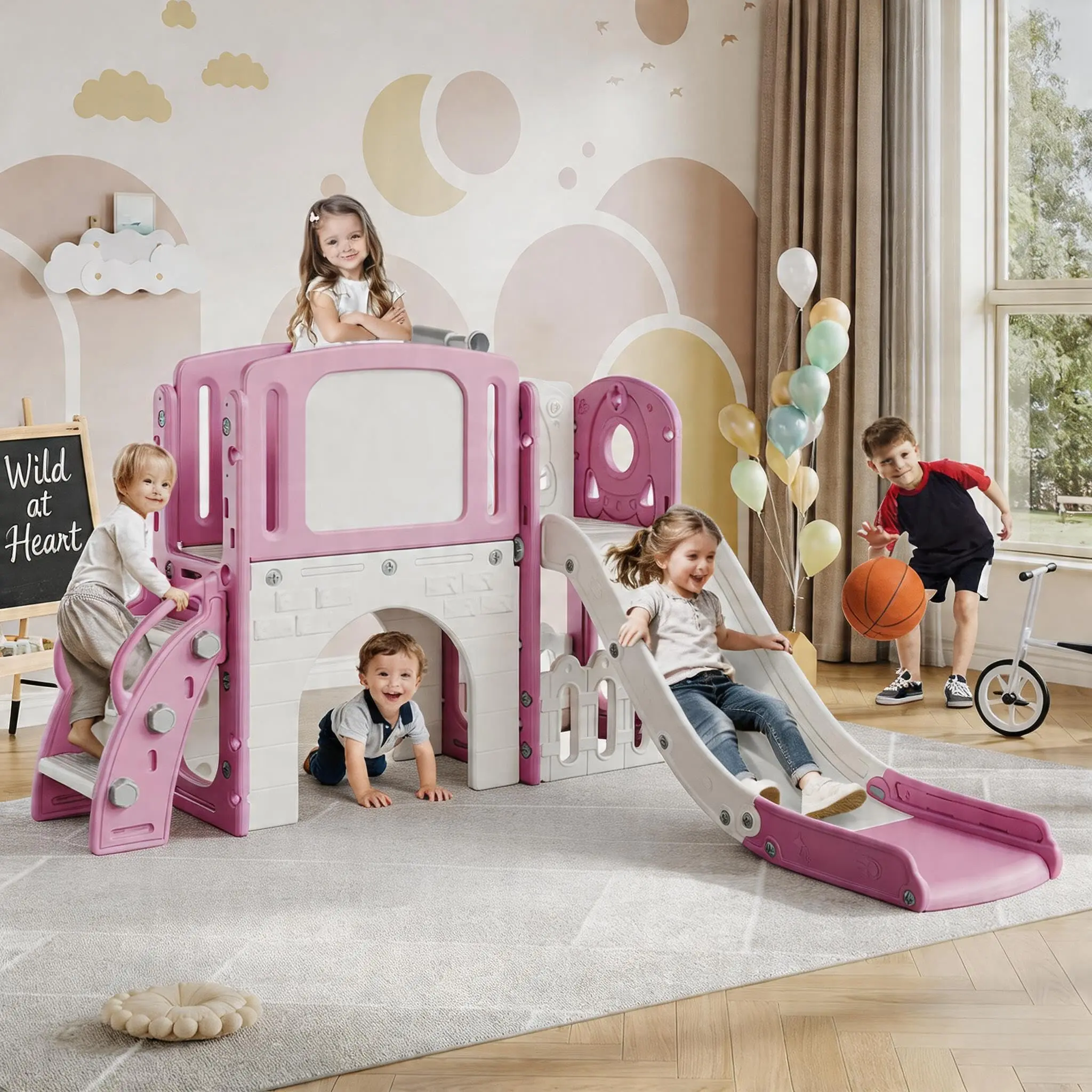 8-in-1 Toddler Slide Indoor & Outdoor Playset, Kids Playground with Climber, Basketball Hoop, Telescope, Tunnel & Storage Space for Backyard, Courtyard & Living Room Fun,Pink