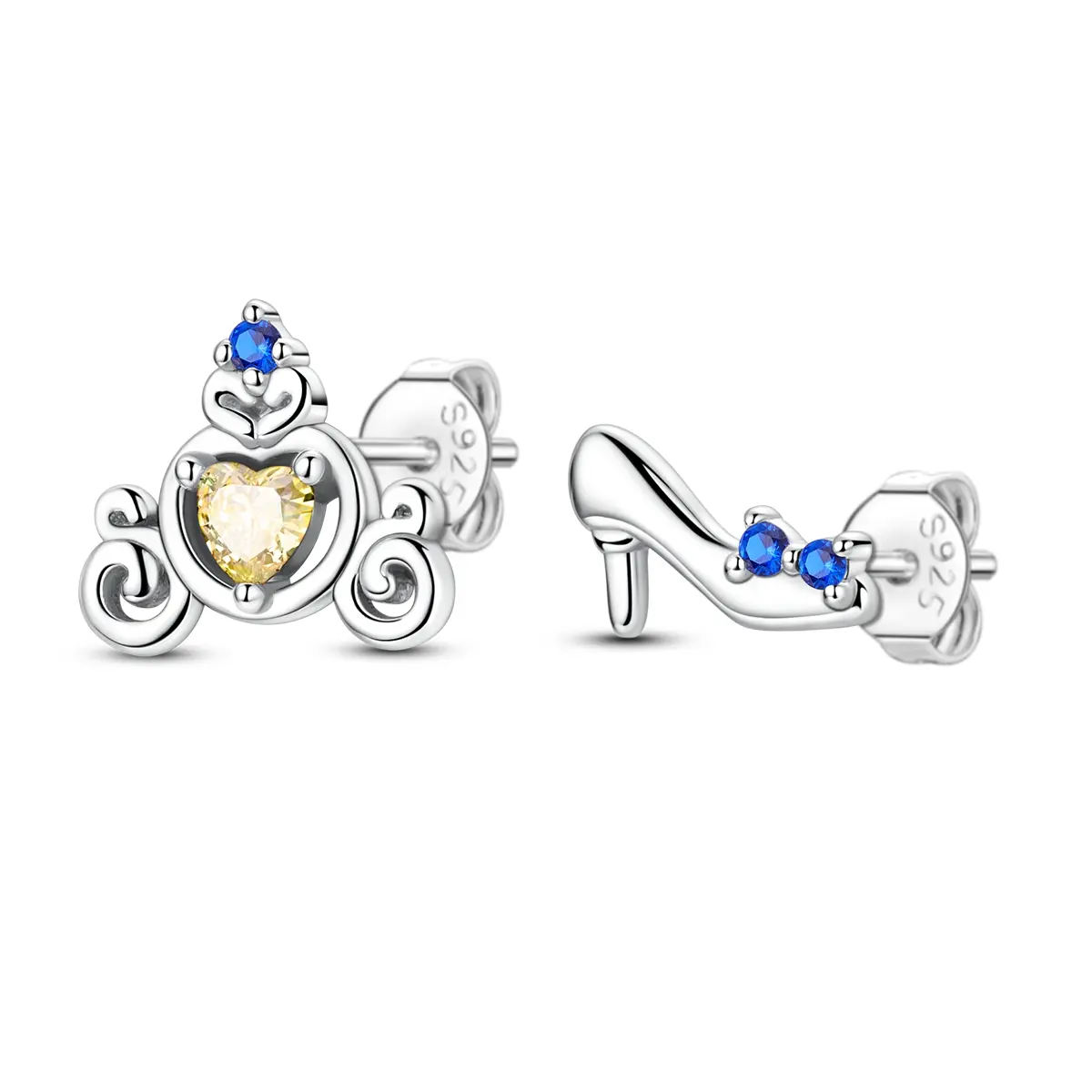 Women's 925 Sterling Silver Asymmetrical Heart Stud Earrings - Platinum-Plated, Cinderella-Inspired Design with Pumpkin Carriage & Crystal Slipper, Artificial Zircon, Safe for Sensitive Skin, Zircon Stud Earrings, Artificial Zircon Earrings, Heart Shape E