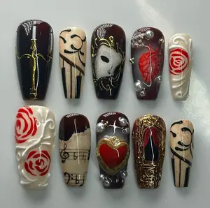 Halloween Phantom Opera Press On Nails, Gothic Vampire Rose Heart Nail Art, Dark Masquerade Costume Nails