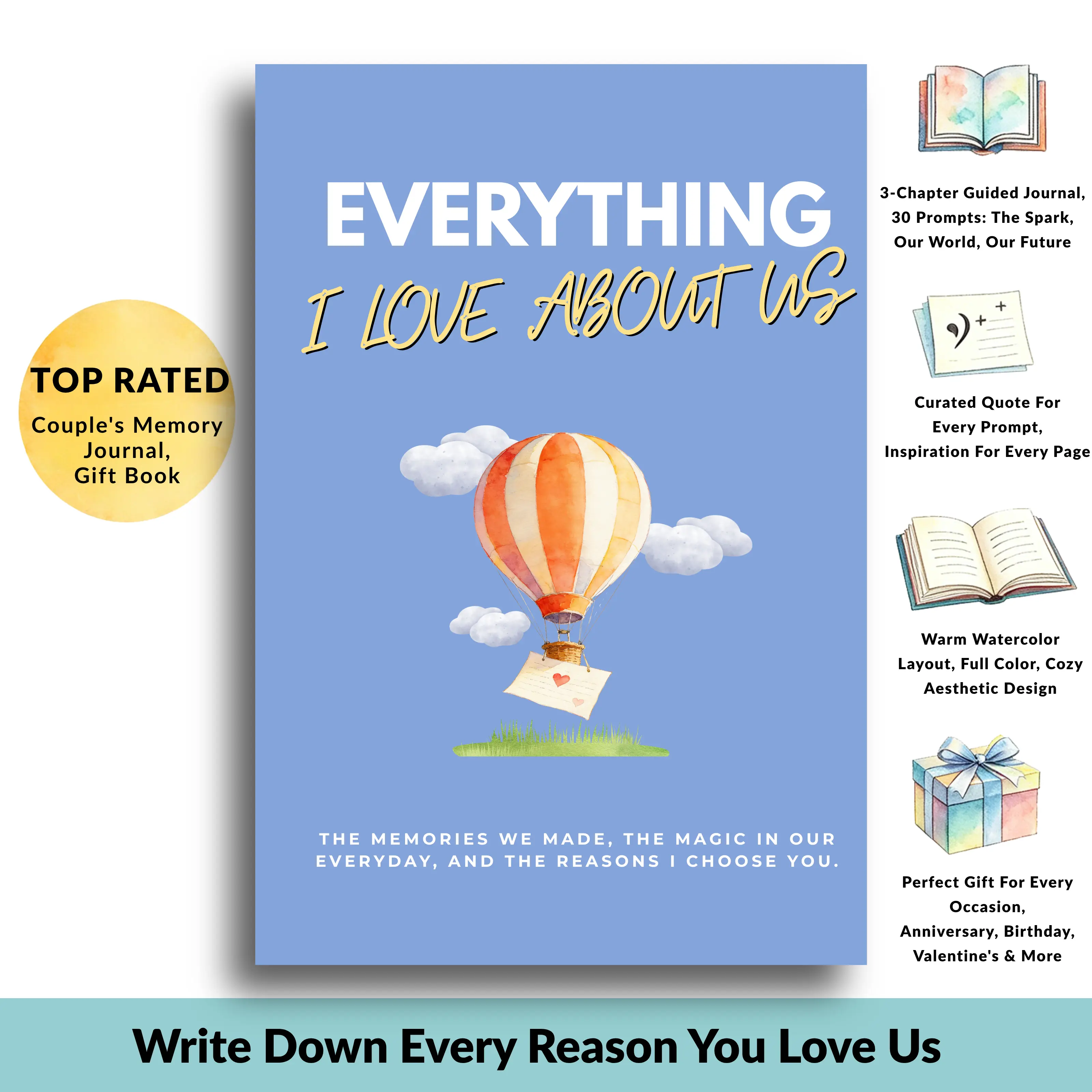 "Everything I Love About Us", Premium Full-Color Couples Journal, 30 Guided Prompts diary book, Sentimental Anniversary & Birthday Gift for Boyfriend, Girlfriend, Husband, Wife