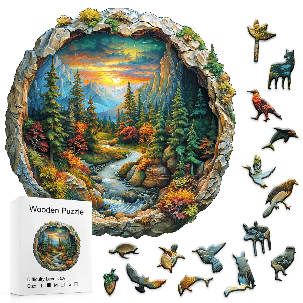 Circular Layered Forest Landscape Wooden Puzzle - Winding River Design, Sunset Mountains Scene, Nature Art Toy for Nature Lovers, Toddler Alphabet Compatible, Circular Layered Design