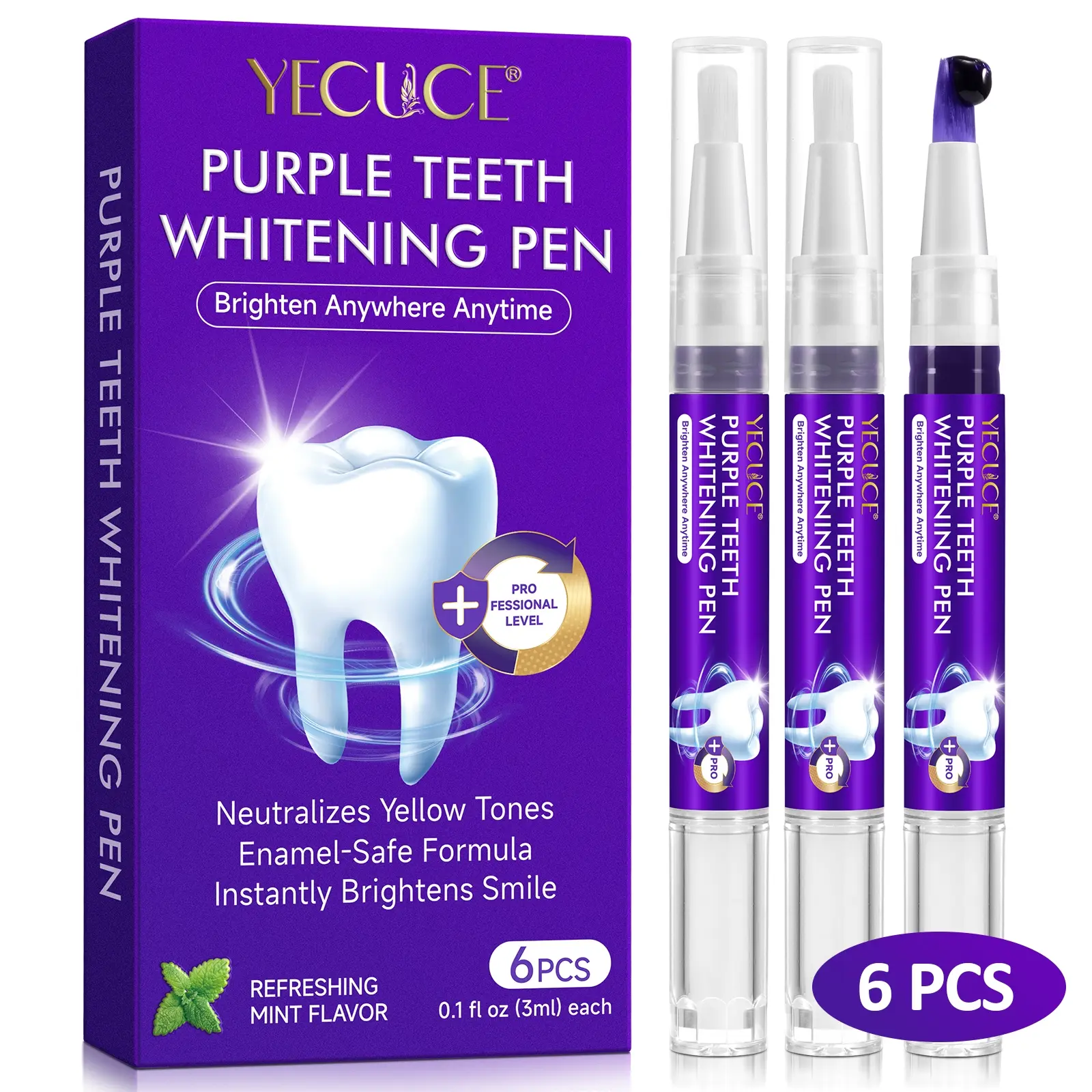 YECUCE Purple Teeth Whitening Pen (6 pcs*3ml), tooth color correction pen, gentle formula,  for yellow teeth & stains, home dental care kit, Teeth Brightener, Teeth Whitener