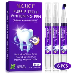 YECUCE Purple Teeth Whitening Pen (6 pcs*3ml), tooth color correction pen, gentle formula, teeth brightening, for yellow teeth & stains, home dental care kit