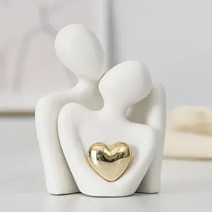 Modern Elegant Couple Statue Figurine with Gold Heart Decoration, Ceramic Material, Collectible Room Decor, Perfect for Valentine's Day and Holiday Decorations