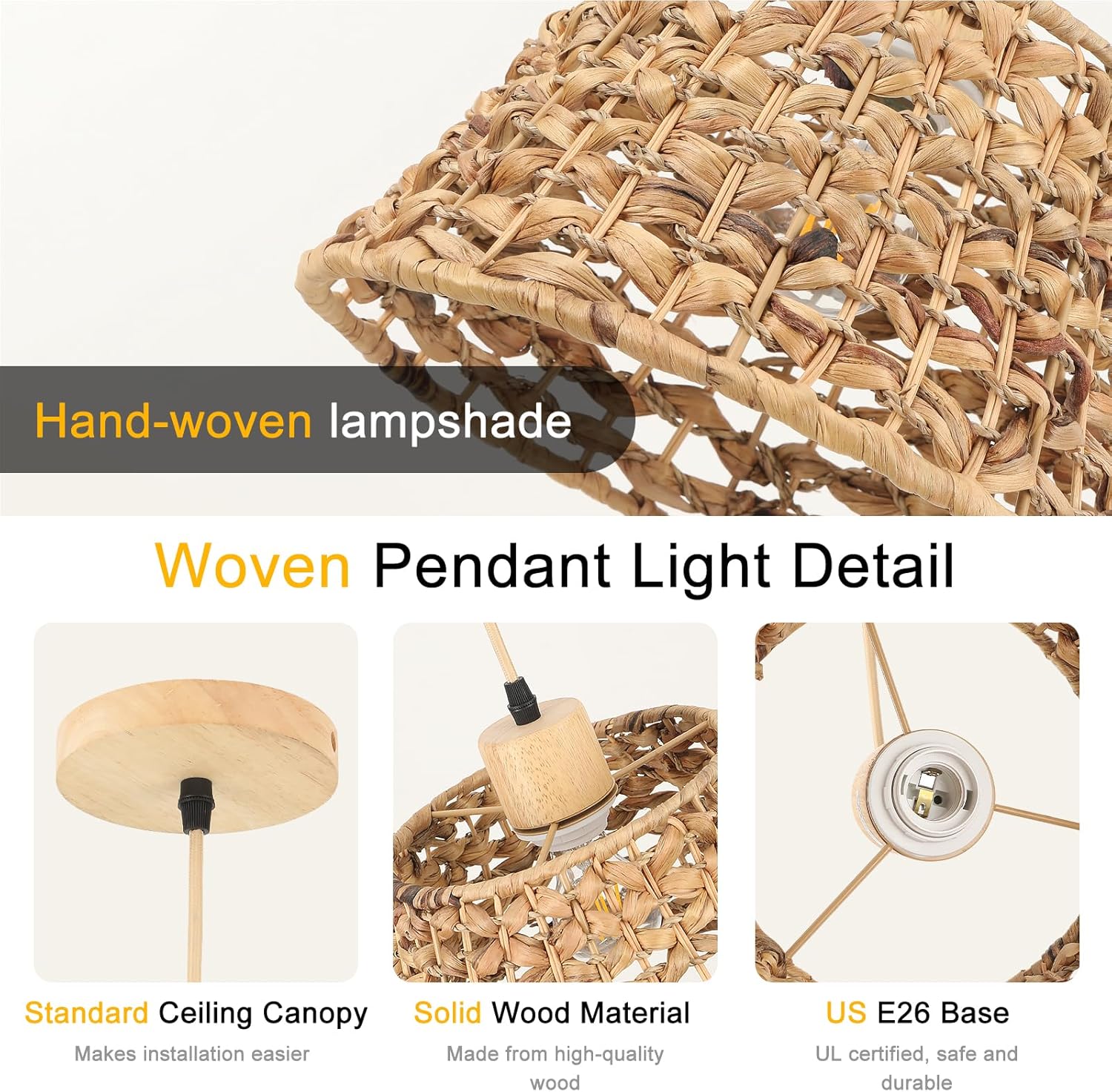 Rattan Boho Pendant Light, 12" 1-Light Hand-Woven Wicker Water Hyacinth Cone Hanging Light for Kitchen Island Dining Room