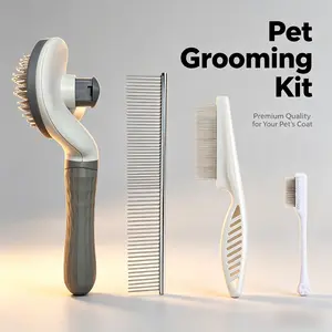 4PCS Pet Groomer Tools Shedding Kit - Self-Cleaning Slicker Brush, Dual-Sided Stainless Steel Dematting Comb, Tear Stain Comb, Fur Removal Tool for Dogs & Cats (Long/Short Hair) - Pet Grooming Supplies for Fur-Free Home