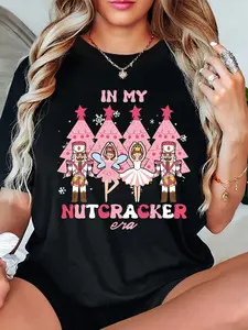 100% Cotton Unisex Women'S Nutcracker Ballet Print T-Shirt, Crew Neck Short Sleeve Casual Top, Knit Fabric , Regular Length - All Season Wear