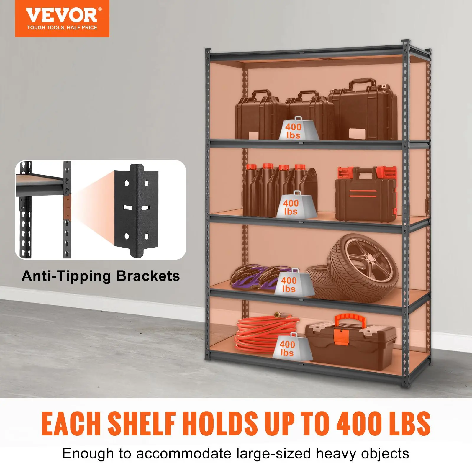 【Summerfinds】VEVOR Freestanding Heavy-Duty Rectangular Metal Storage Shelving Unit, 5-Tier Adjustable, 2000 lbs Capacity, Rubber Floor-Friendly Organizer Rack, Black, 18" D x 48" W x 72" H for Kitchen Basement