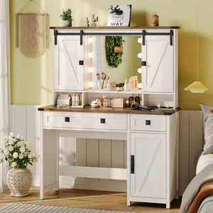 Sikaic Makeup Vanity with Lights & Barn Doors, Vanity Desk with Mirror and Lights & Charging Station, Farmhouse White Vanity Table with Jewelry Hooks and Open Storage Shelves